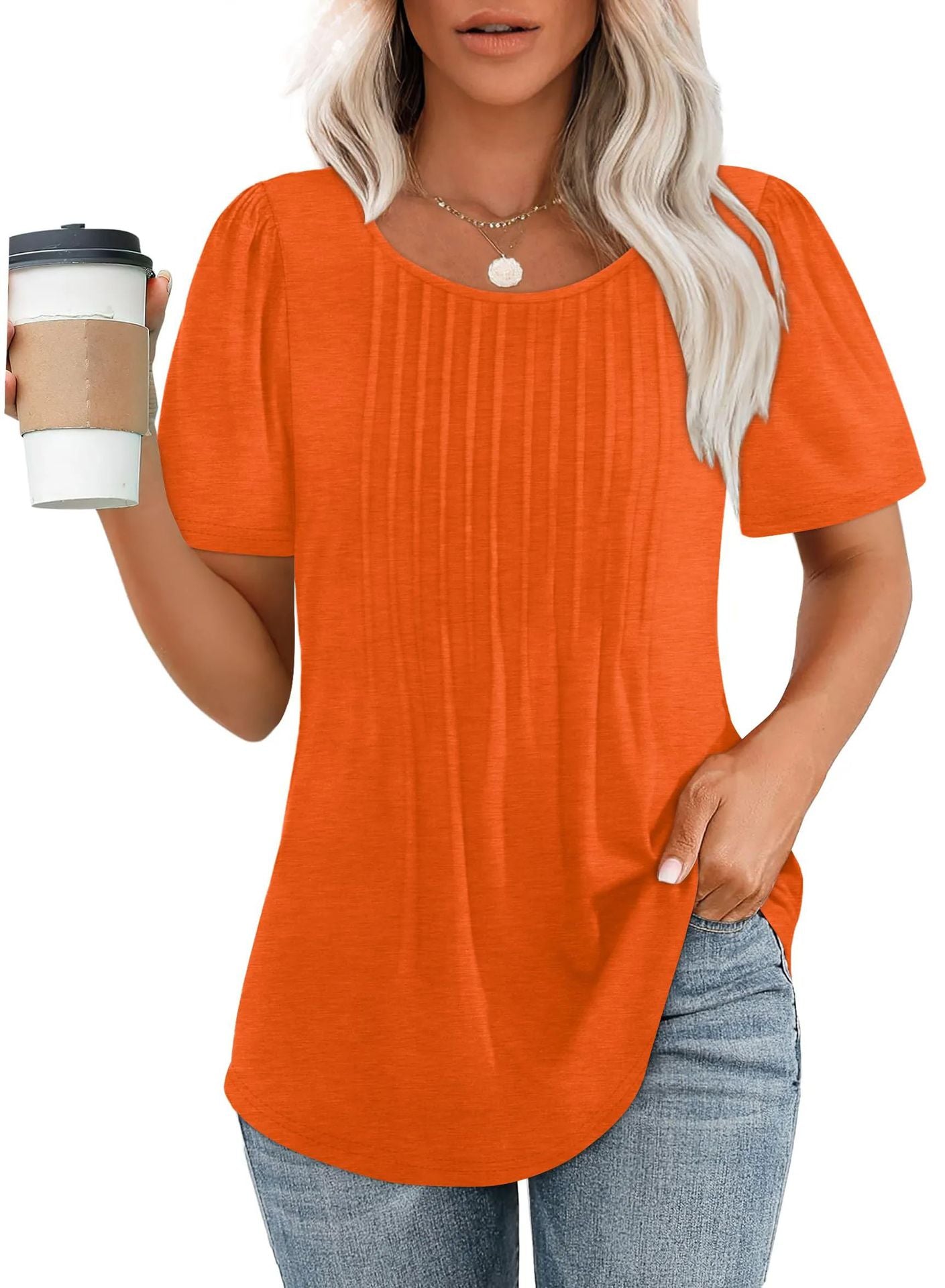 Womens Pleated Round Neck T-Shirt