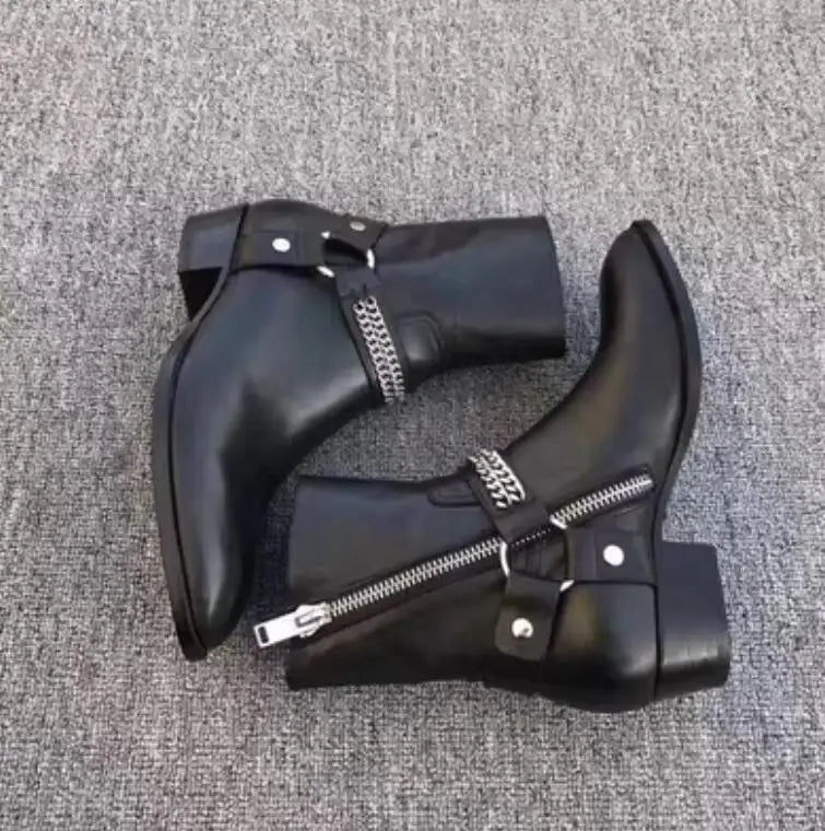 New Brown /Black Suede Leather Shoes Chains Harness Buckle Men Boots Stacked Heel Anke Boots Side Zip Men Fashion Boots Shoes