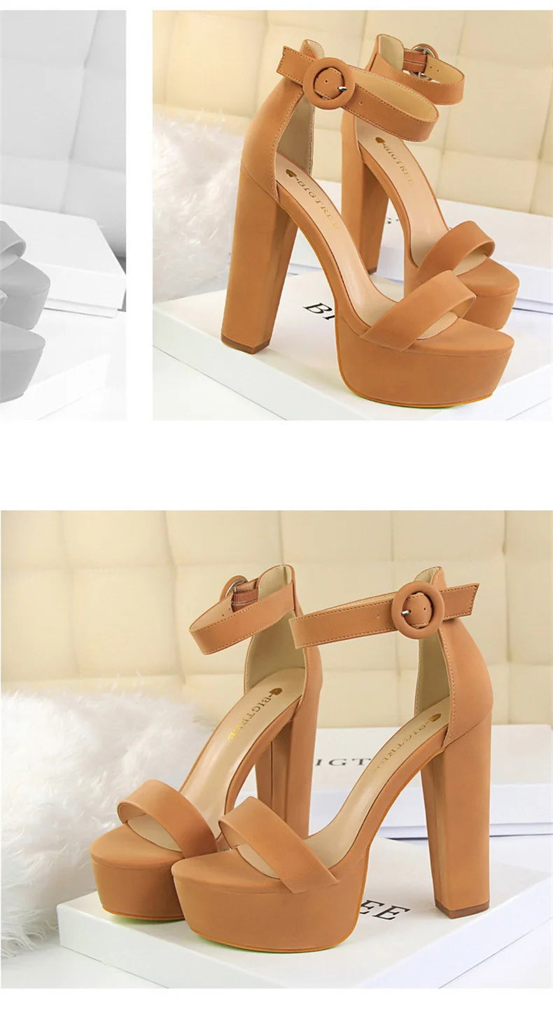 Mode Frauen Pumps Sandalen Sommer Plateau Gürtelschnalle Riemen PU Blockabsatz Outdoor Koreanischer Stil Schwarz Offene Spitze Grace 1550-1
