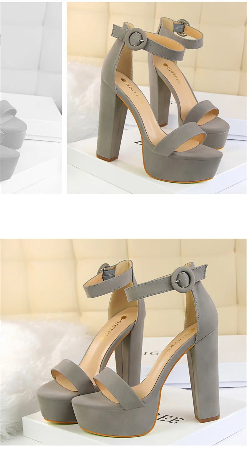 Mode Frauen Pumps Sandalen Sommer Plateau Gürtelschnalle Riemen PU Blockabsatz Outdoor Koreanischer Stil Schwarz Offene Spitze Grace 1550-1