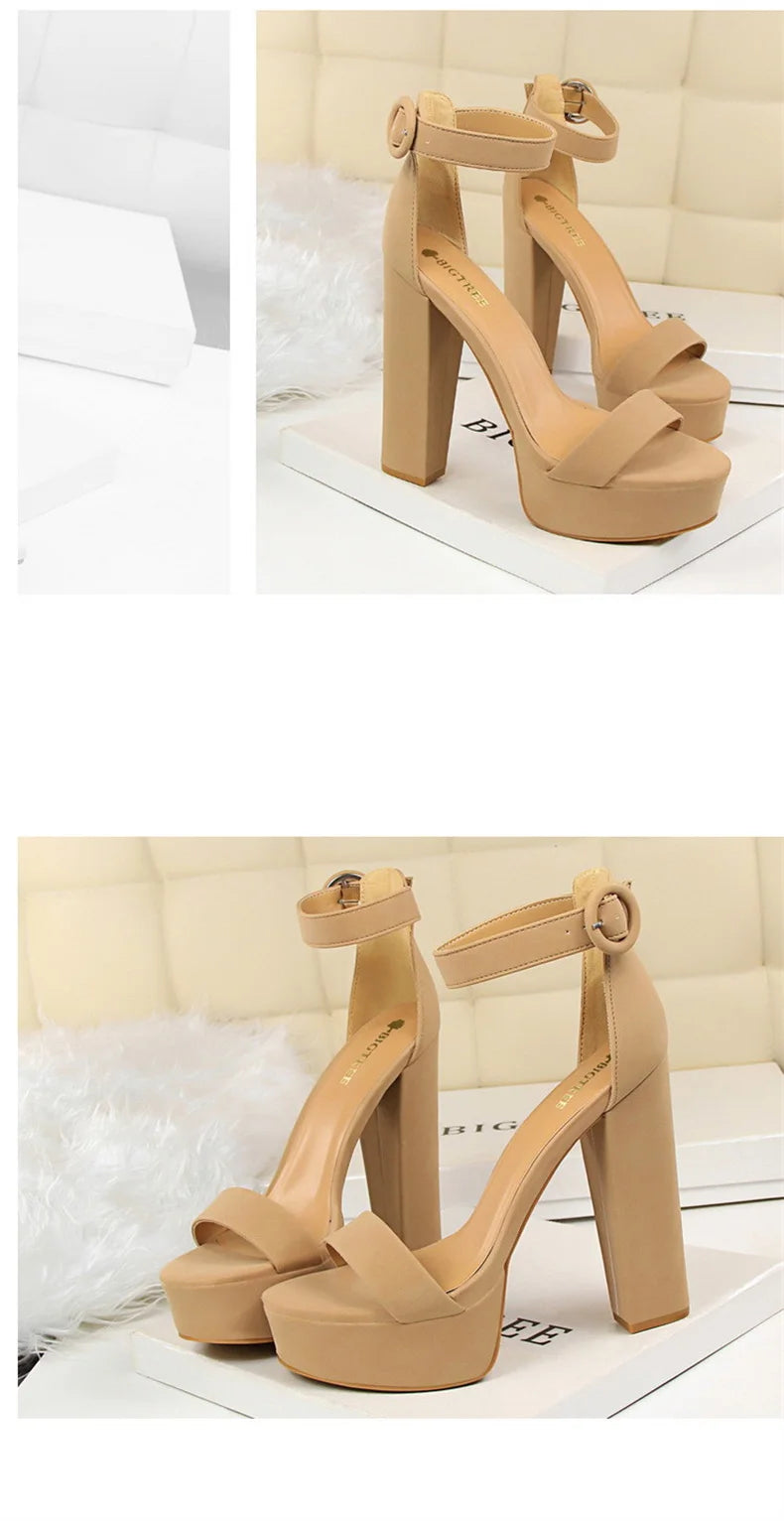 Mode Frauen Pumps Sandalen Sommer Plateau Gürtelschnalle Riemen PU Blockabsatz Outdoor Koreanischer Stil Schwarz Offene Spitze Grace 1550-1
