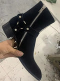 Neue braun/schwarze Wildleder-Lederschuhe mit Ketten, Schnallen, Herrenstiefel mit Blockabsatz, Ankle Boots, seitlicher Reißverschluss, Herren-Fashion-Stiefel