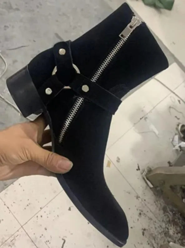 Neue braun/schwarze Wildleder-Lederschuhe mit Ketten, Schnallen, Herrenstiefel mit Blockabsatz, Ankle Boots, seitlicher Reißverschluss, Herren-Fashion-Stiefel