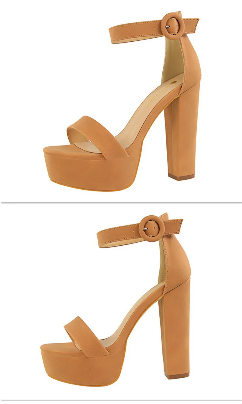 Mode Frauen Pumps Sandalen Sommer Plateau Gürtelschnalle Riemen PU Blockabsatz Outdoor Koreanischer Stil Schwarz Offene Spitze Grace 1550-1