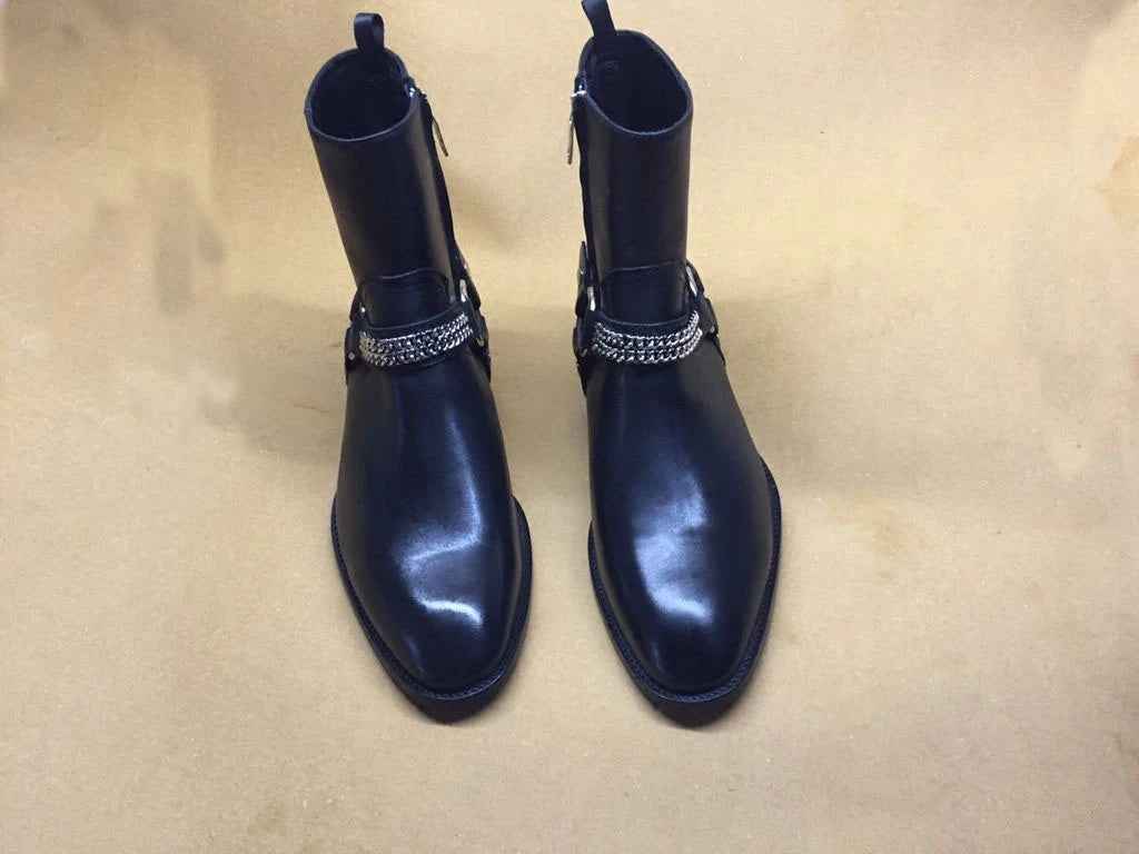 New Brown /Black Suede Leather Shoes Chains Harness Buckle Men Boots Stacked Heel Anke Boots Side Zip Men Fashion Boots Shoes