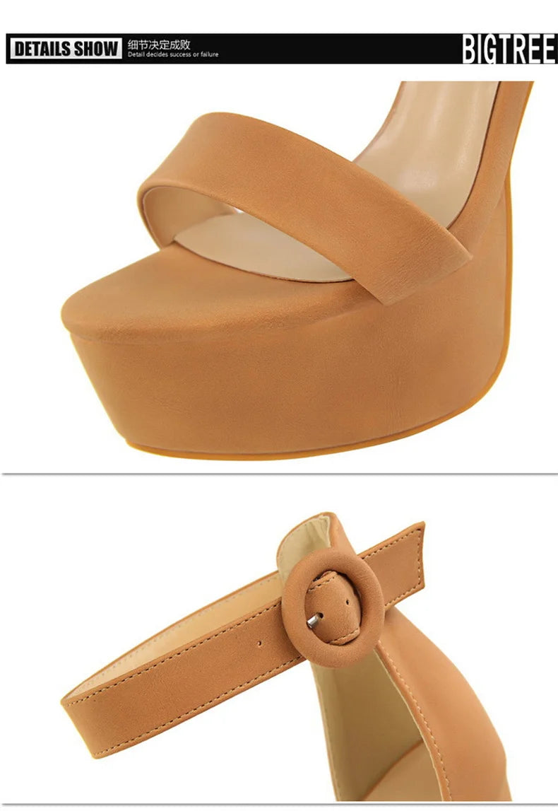 Mode Frauen Pumps Sandalen Sommer Plateau Gürtelschnalle Riemen PU Blockabsatz Outdoor Koreanischer Stil Schwarz Offene Spitze Grace 1550-1