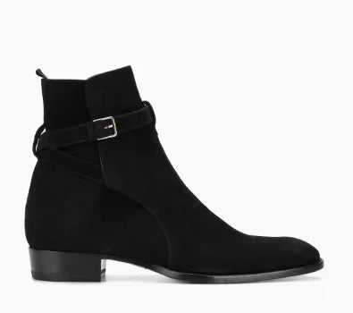 New Brown /Black Suede Leather Shoes Chains Harness Buckle Men Boots Stacked Heel Anke Boots Side Zip Men Fashion Boots Shoes