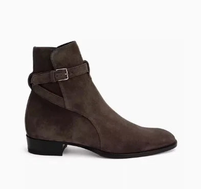 New Brown /Black Suede Leather Shoes Chains Harness Buckle Men Boots Stacked Heel Anke Boots Side Zip Men Fashion Boots Shoes