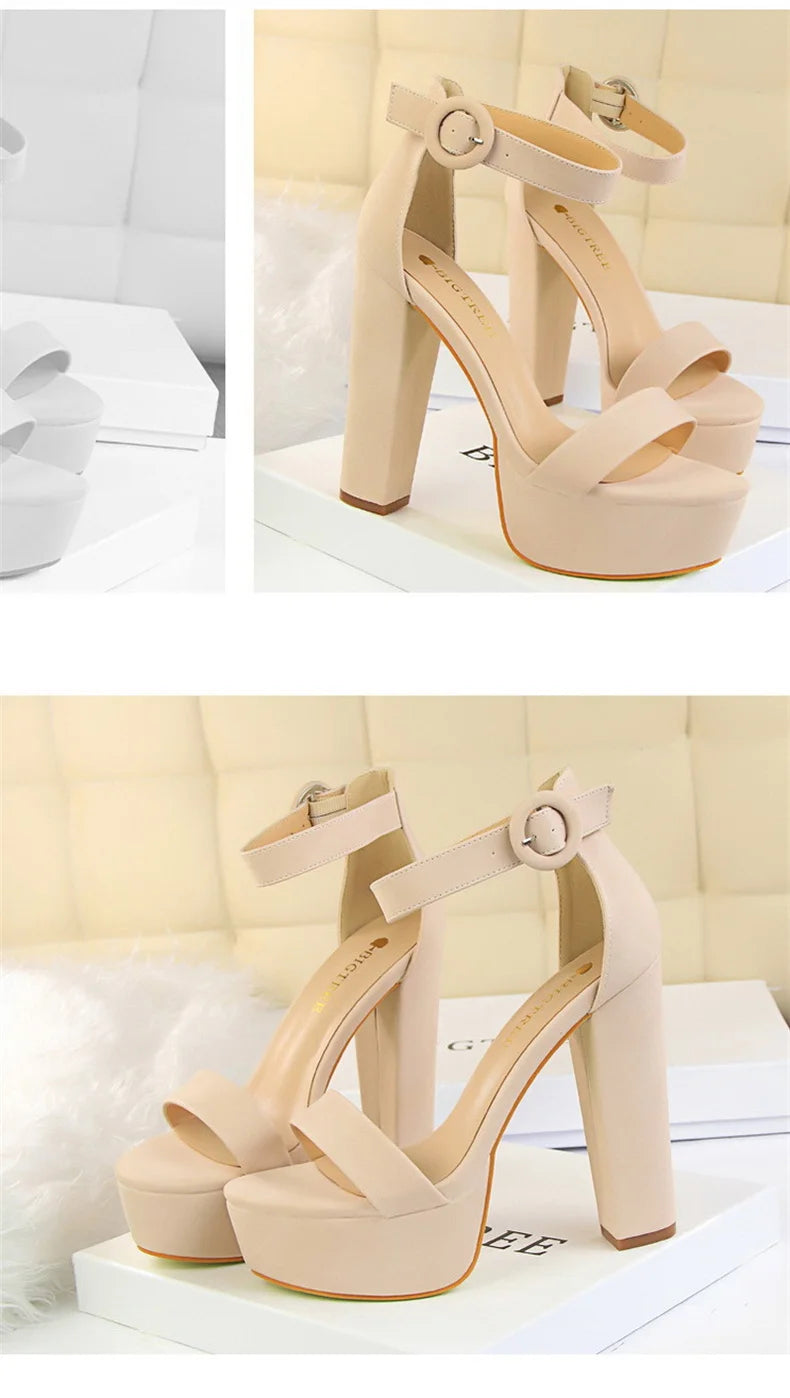 Mode Frauen Pumps Sandalen Sommer Plateau Gürtelschnalle Riemen PU Blockabsatz Outdoor Koreanischer Stil Schwarz Offene Spitze Grace 1550-1