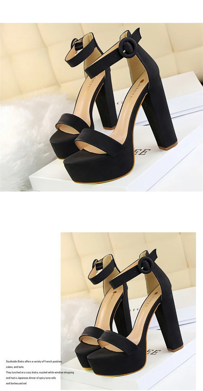 Mode Frauen Pumps Sandalen Sommer Plateau Gürtelschnalle Riemen PU Blockabsatz Outdoor Koreanischer Stil Schwarz Offene Spitze Grace 1550-1