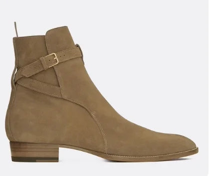 New Brown /Black Suede Leather Shoes Chains Harness Buckle Men Boots Stacked Heel Anke Boots Side Zip Men Fashion Boots Shoes