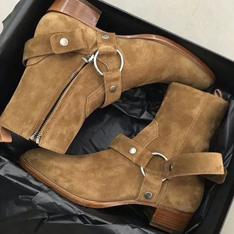 Neue braun/schwarze Wildleder-Lederschuhe mit Ketten, Schnallen, Herrenstiefel mit Blockabsatz, Ankle Boots, seitlicher Reißverschluss, Herren-Fashion-Stiefel