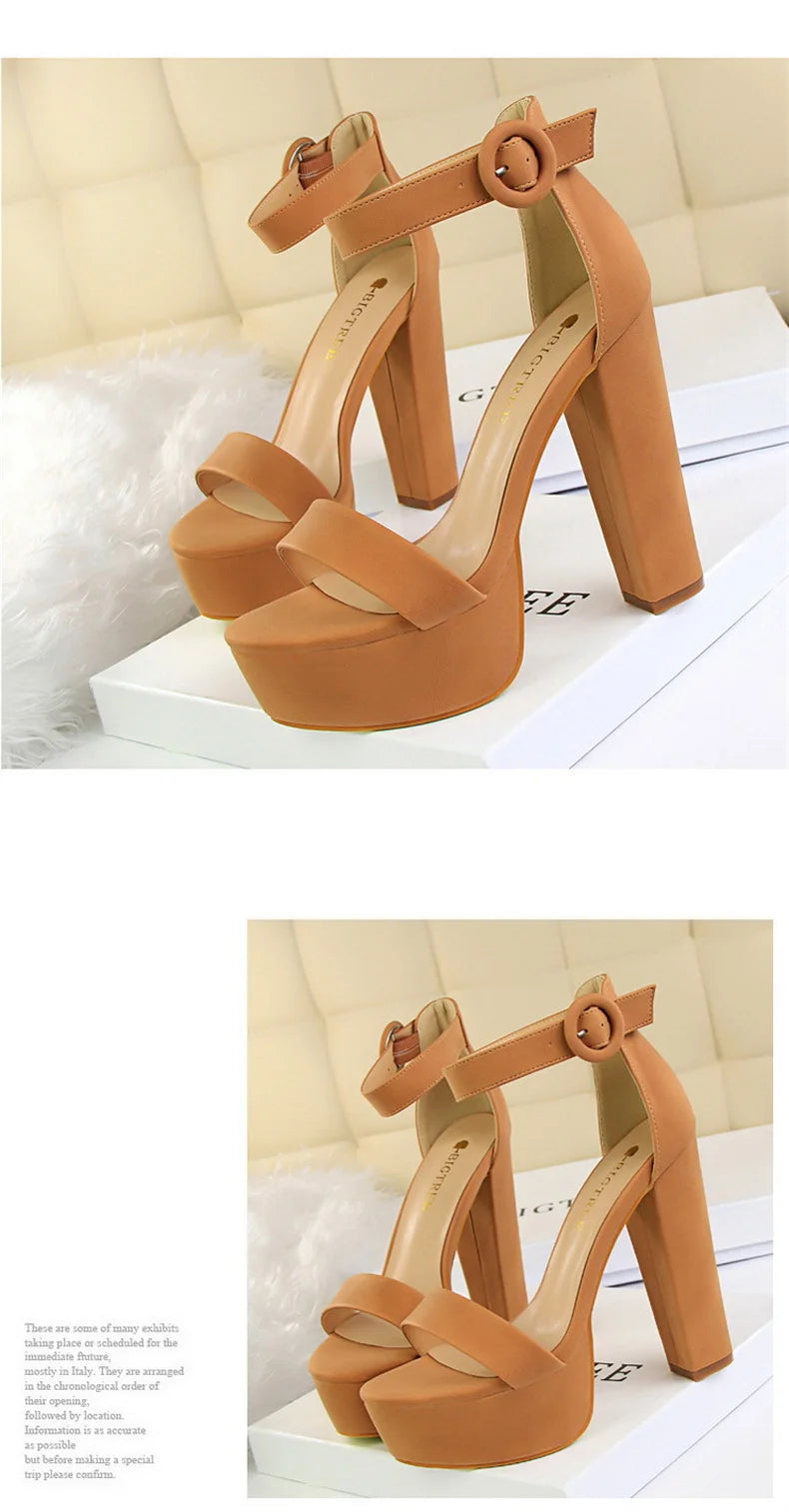 Mode Frauen Pumps Sandalen Sommer Plateau Gürtelschnalle Riemen PU Blockabsatz Outdoor Koreanischer Stil Schwarz Offene Spitze Grace 1550-1
