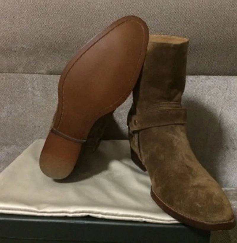 Neue braun/schwarze Wildleder-Lederschuhe mit Ketten, Schnallen, Herrenstiefel mit Blockabsatz, Ankle Boots, seitlicher Reißverschluss, Herren-Fashion-Stiefel