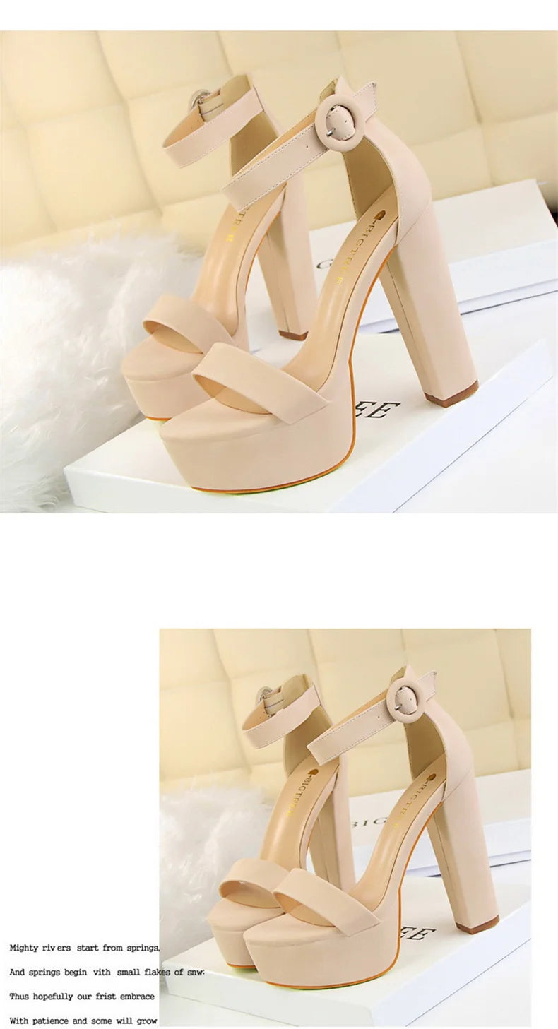 Mode Frauen Pumps Sandalen Sommer Plateau Gürtelschnalle Riemen PU Blockabsatz Outdoor Koreanischer Stil Schwarz Offene Spitze Grace 1550-1