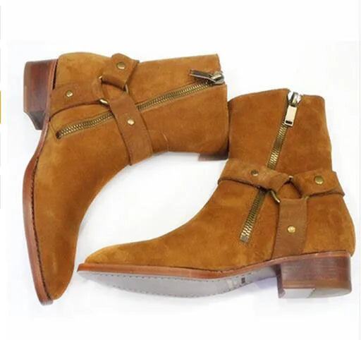 New Brown /Black Suede Leather Shoes Chains Harness Buckle Men Boots Stacked Heel Anke Boots Side Zip Men Fashion Boots Shoes