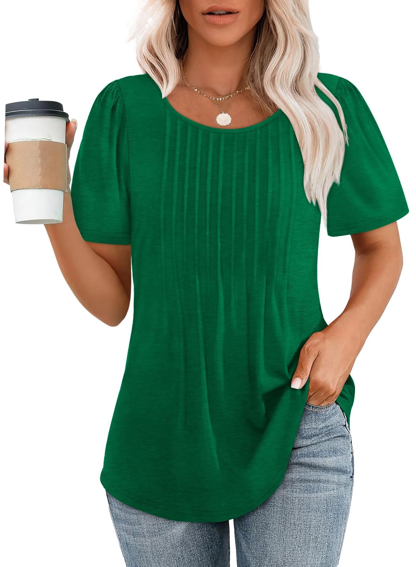 Womens Pleated Round Neck T-Shirt