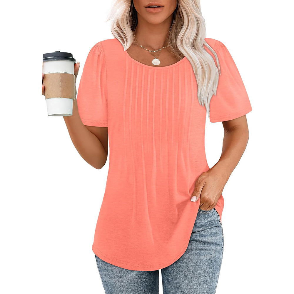 Womens Pleated Round Neck T-Shirt