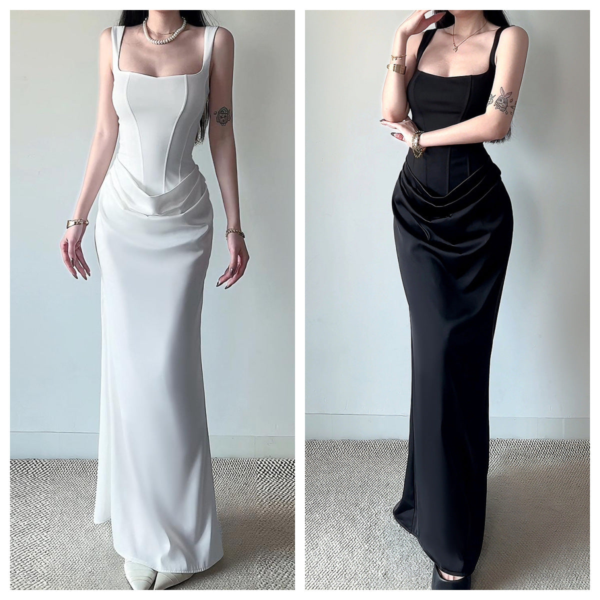 Ärmelloses, rückenfreies, eng anliegendes langes Kleid mit Fishtail-Saum