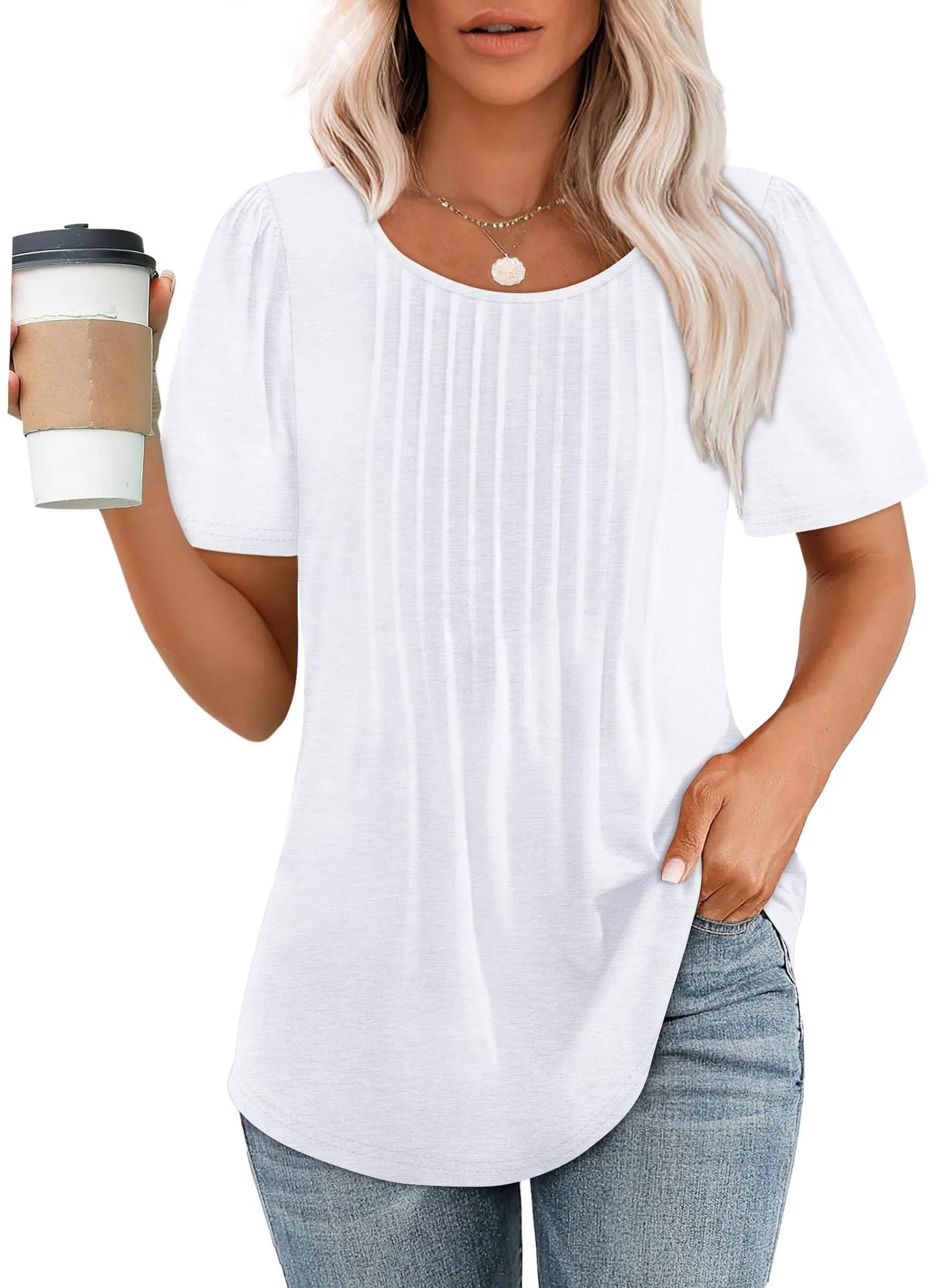 Womens Pleated Round Neck T-Shirt