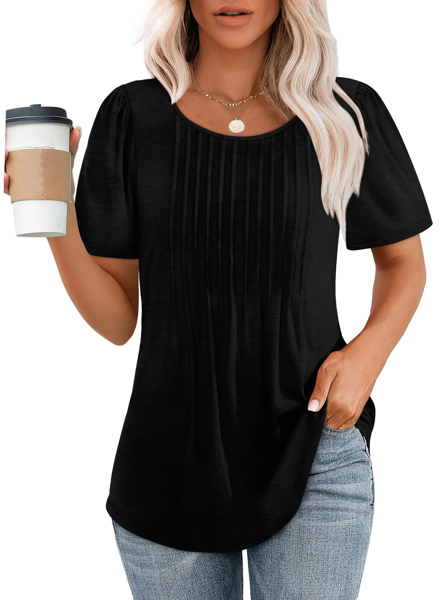 Womens Pleated Round Neck T-Shirt